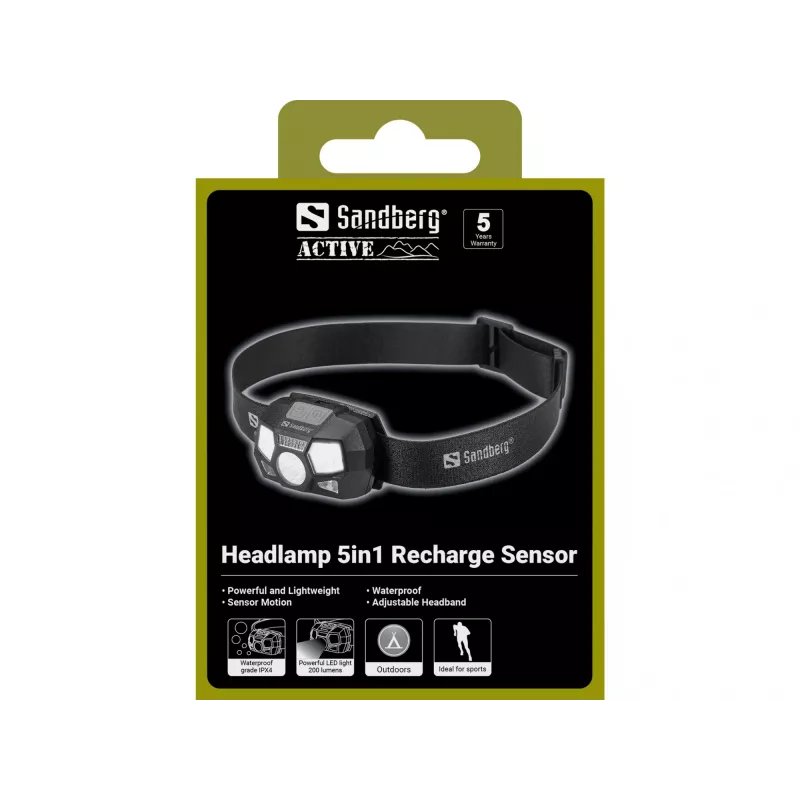 Headlamp Sandberg 5in1 Recharge Sensor LED 200 lm Black