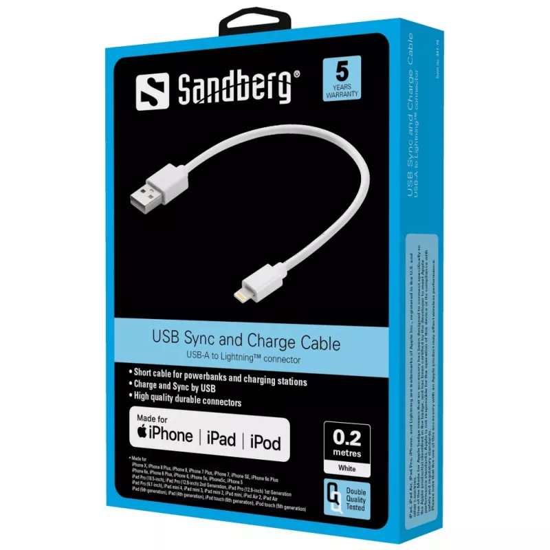 Cable Sandberg USB Lightning MFI 0.2m White