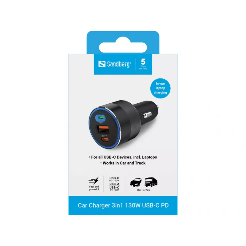 Car Charger Sandberg 3in1 130W USB-C PD Fast Charging Universal