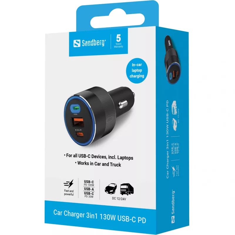 Car Charger Sandberg 3in1 130W USB-C PD Fast Charging Universal