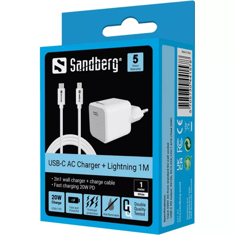 AC Charger Sandberg 20W USB-C +Lightning 1M Fast Charging White