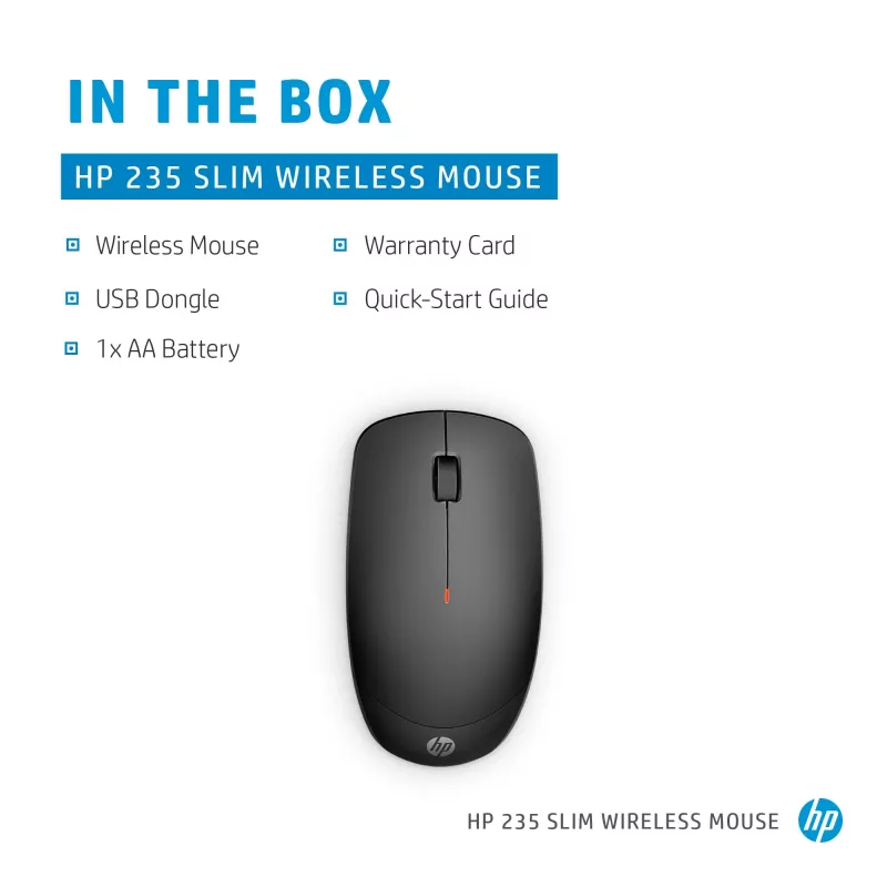HP 235 Slim Wireless Mouse, Ambidextrous, Optical, RF Wireless, 1600 DPI, Black