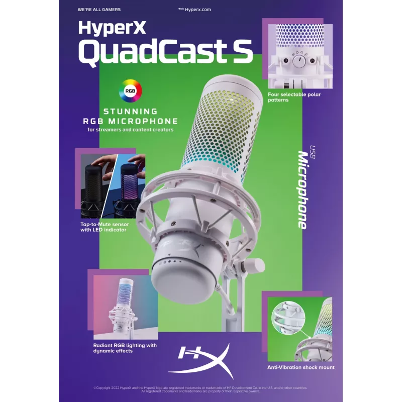 HyperX QuadCast S - USB Microphone (White-Grey) - RGB Lighting