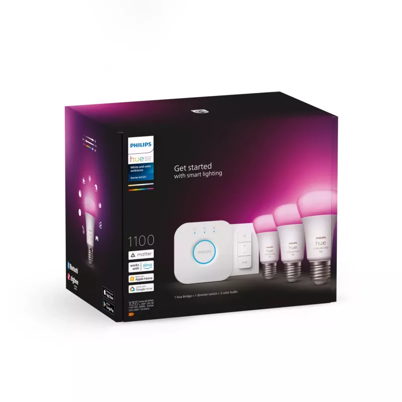 Smart lighting kit Philips Hue White and Colour Ambience Starter kit – 3× E27 11W bulbs, Bluetooth/Zigbee, dimmer