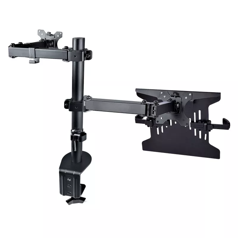 StarTech.com Monitor Arm with VESA Laptop Tray, For a Laptop (4.5kg/9.9lb) and a Single Display up to 32 inch (8kg/17.6lb), Black, Vented Tray, Adjustable Laptop Arm Mount, C-clamp/Grommet Mount