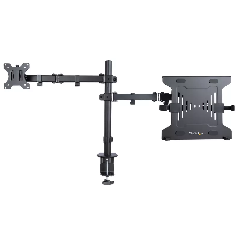 StarTech.com Monitor Arm with VESA Laptop Tray, For a Laptop (4.5kg/9.9lb) and a Single Display up to 32 inch (8kg/17.6lb), Black, Vented Tray, Adjustable Laptop Arm Mount, C-clamp/Grommet Mount