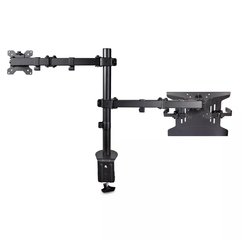 StarTech.com Monitor Arm with VESA Laptop Tray, For a Laptop (4.5kg/9.9lb) and a Single Display up to 32 inch (8kg/17.6lb), Black, Vented Tray, Adjustable Laptop Arm Mount, C-clamp/Grommet Mount