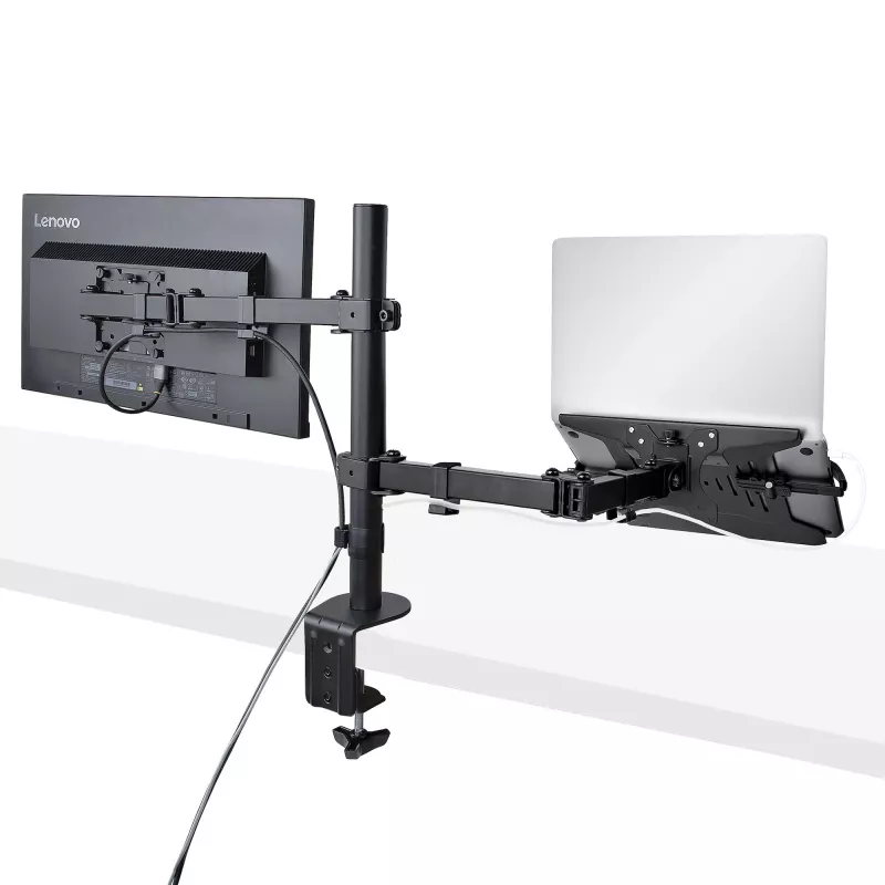 StarTech.com Monitor Arm with VESA Laptop Tray, For a Laptop (4.5kg/9.9lb) and a Single Display up to 32 inch (8kg/17.6lb), Black, Vented Tray, Adjustable Laptop Arm Mount, C-clamp/Grommet Mount