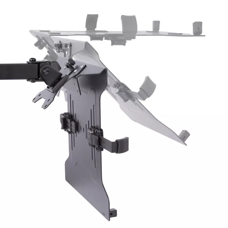 StarTech.com Monitor Arm with VESA Laptop Tray, For a Laptop (4.5kg/9.9lb) and a Single Display up to 32 inch (8kg/17.6lb), Black, Vented Tray, Adjustable Laptop Arm Mount, C-clamp/Grommet Mount