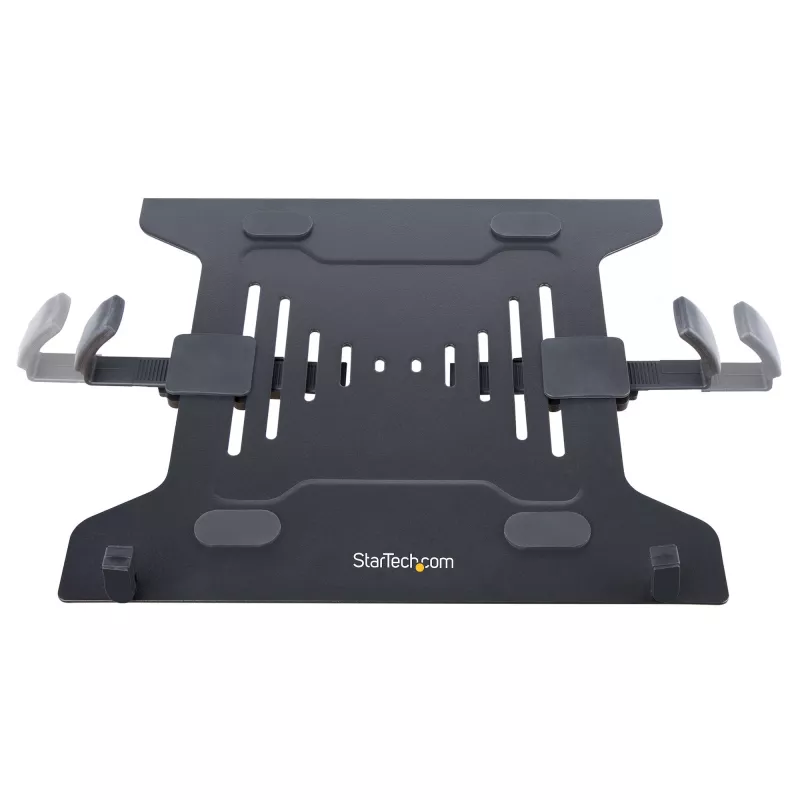StarTech.com Monitor Arm with VESA Laptop Tray, For a Laptop (4.5kg/9.9lb) and a Single Display up to 32 inch (8kg/17.6lb), Black, Vented Tray, Adjustable Laptop Arm Mount, C-clamp/Grommet Mount