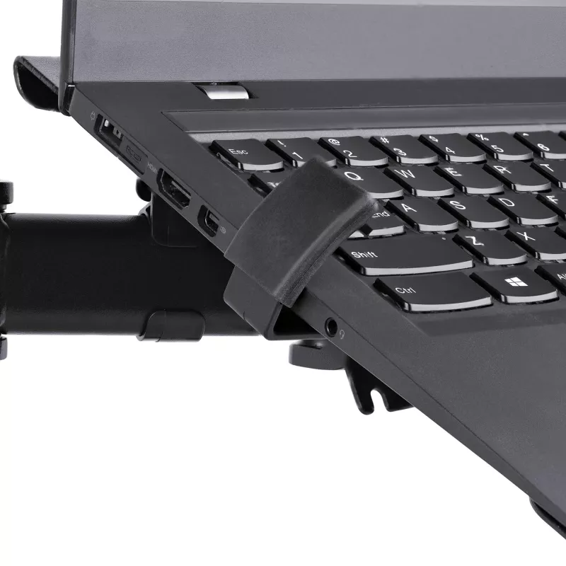 StarTech.com Monitor Arm with VESA Laptop Tray, For a Laptop (4.5kg/9.9lb) and a Single Display up to 32 inch (8kg/17.6lb), Black, Vented Tray, Adjustable Laptop Arm Mount, C-clamp/Grommet Mount