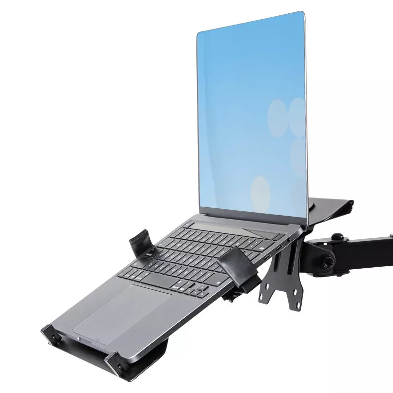 StarTech.com Monitor Arm with VESA Laptop Tray, For a Laptop (4.5kg/9.9lb) and a Single Display up to 32 inch (8kg/17.6lb), Black, Vented Tray, Adjustable Laptop Arm Mount, C-clamp/Grommet Mount