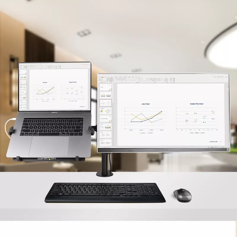 StarTech.com Monitor Arm with VESA Laptop Tray, For a Laptop (4.5kg/9.9lb) and a Single Display up to 32 inch (8kg/17.6lb), Black, Vented Tray, Adjustable Laptop Arm Mount, C-clamp/Grommet Mount
