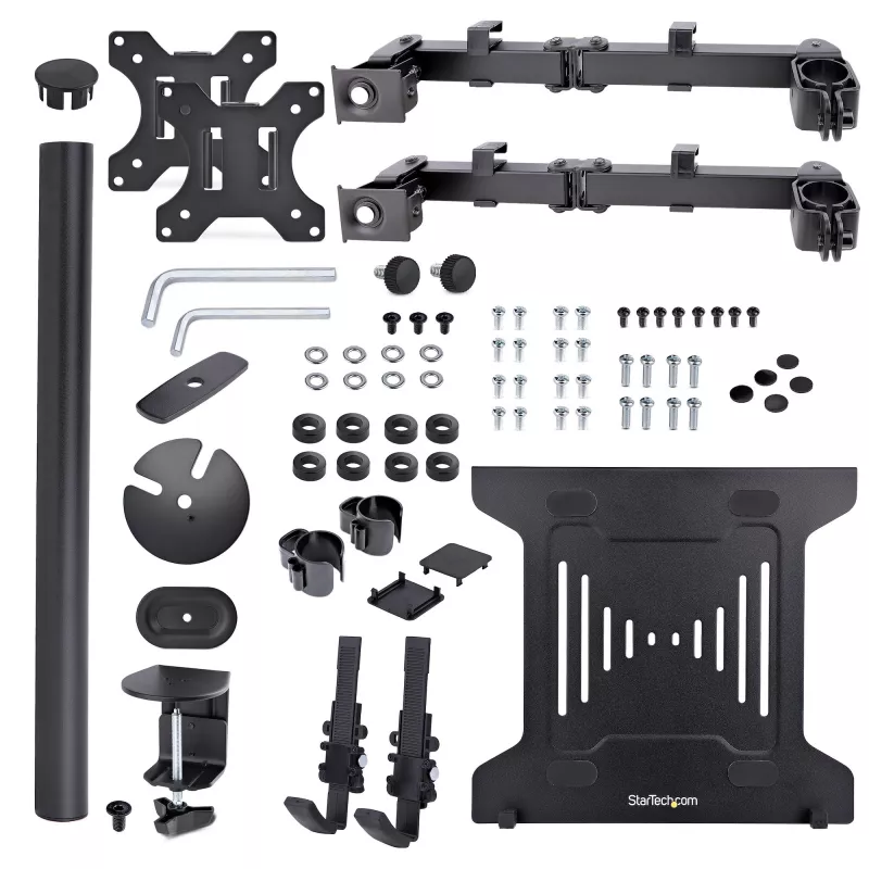 StarTech.com Monitor Arm with VESA Laptop Tray, For a Laptop (4.5kg/9.9lb) and a Single Display up to 32 inch (8kg/17.6lb), Black, Vented Tray, Adjustable Laptop Arm Mount, C-clamp/Grommet Mount