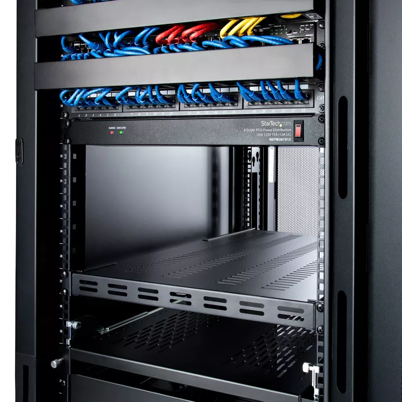 StarTech.com 1U 4-Post Adjustable Vented Server Rack Mount Shelf - 330lbs(150 kg) - 19.5 to 38in Adjustable Mounting Depth Universal Tray for 19 inch AV/ Network Equipment Rack - 27.5in Deep