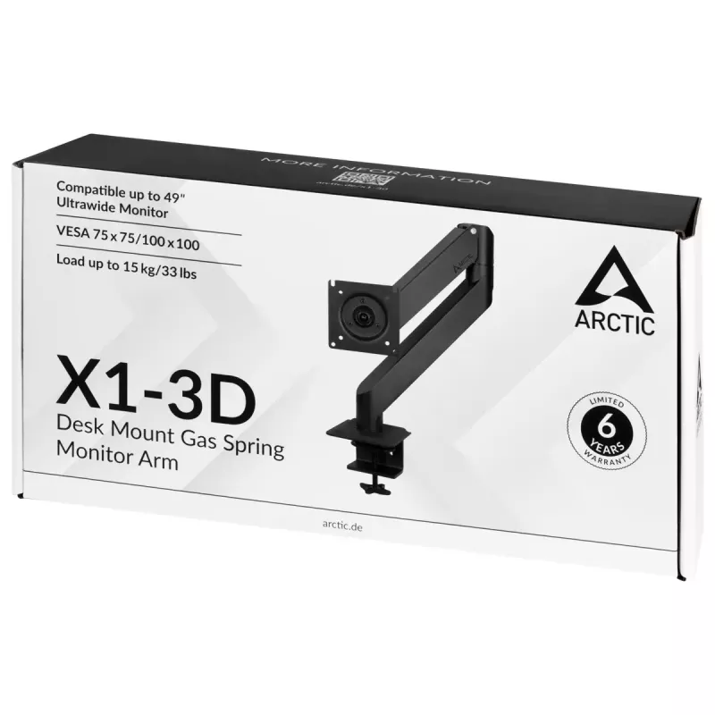 Desk Mount Gas Spring Monitor Arm Arctic X1-3D — supports up to 43 inch / 10 kg, VESA 75x75–100x100, black
