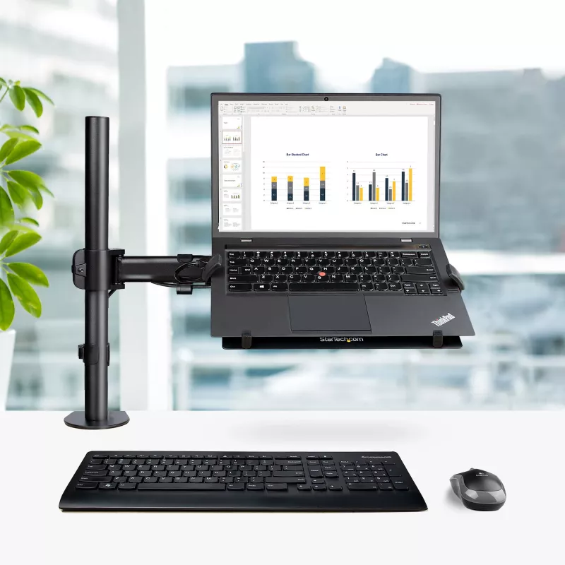 StarTech.com Laptop Desk Mount - Monitor and Laptop Mount - Displays up to 34in (8kg/17.6lb) & Laptops (4.5kg/9.9lb) - Articulating VESA Laptop Tray Arm - Clamp / Grommet Mount