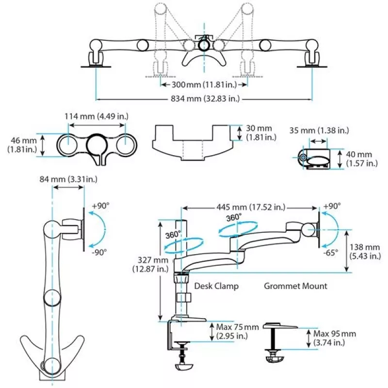 StarTech.com Desk-Mount Dual Monitor Arm - Articulating, Clamp, 13.6 kg, 30.5 cm (12 inch), 61 cm (24 inch), 100 x 100 mm, Black