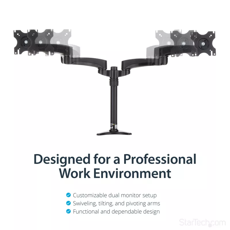 StarTech.com Desk-Mount Dual Monitor Arm - Articulating, Clamp, 13.6 kg, 30.5 cm (12 inch), 61 cm (24 inch), 100 x 100 mm, Black