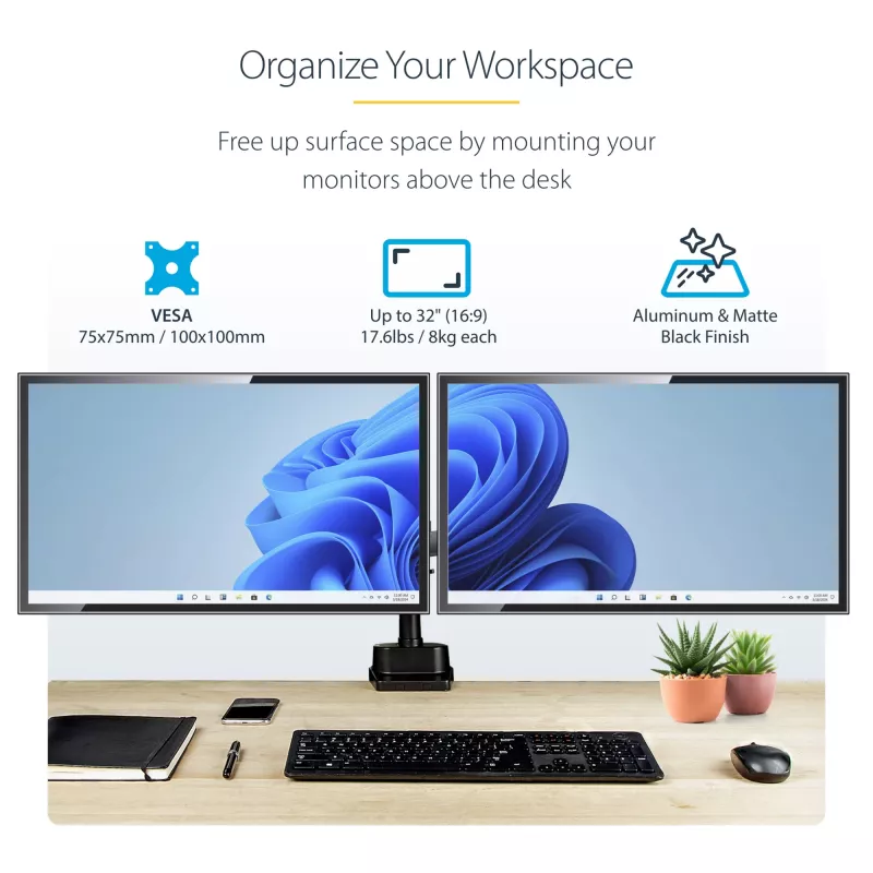 StarTech.com Desk Mount Dual Monitor Arm, Full Motion Monitor Mount for 2x VESA Displays up to 32 inch (17.6lb/8kg), Height Adjustable, Clamp/Grommet Mount, Mechanical Spring