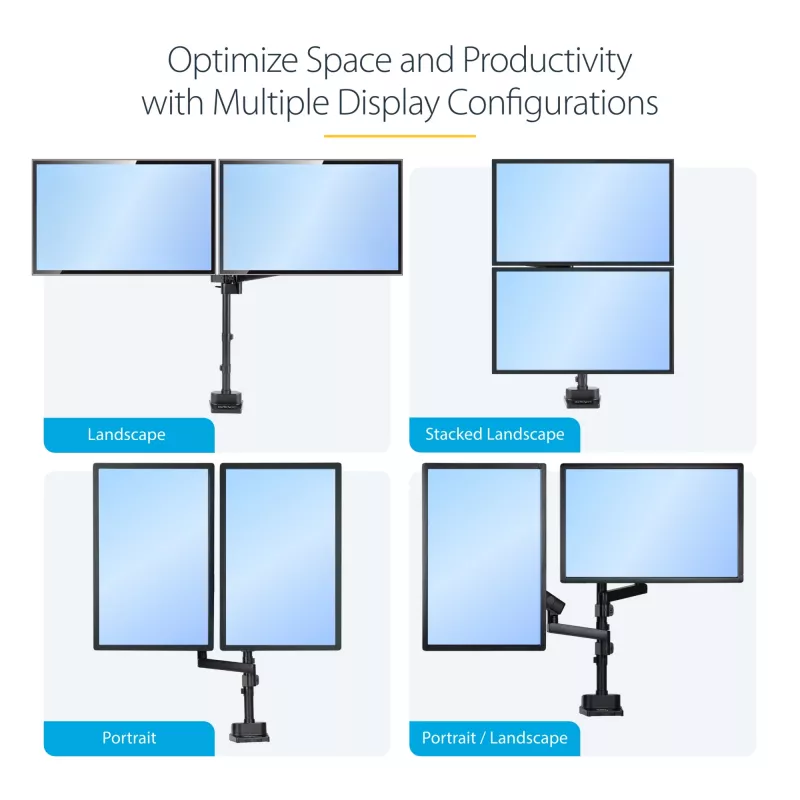 StarTech.com Desk Mount Dual Monitor Arm, Full Motion Monitor Mount for 2x VESA Displays up to 32 inch (17.6lb/8kg), Height Adjustable, Clamp/Grommet Mount, Mechanical Spring