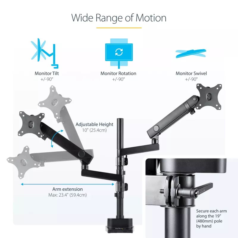 StarTech.com Desk Mount Dual Monitor Arm, Full Motion Monitor Mount for 2x VESA Displays up to 32 inch (17.6lb/8kg), Height Adjustable, Clamp/Grommet Mount, Mechanical Spring