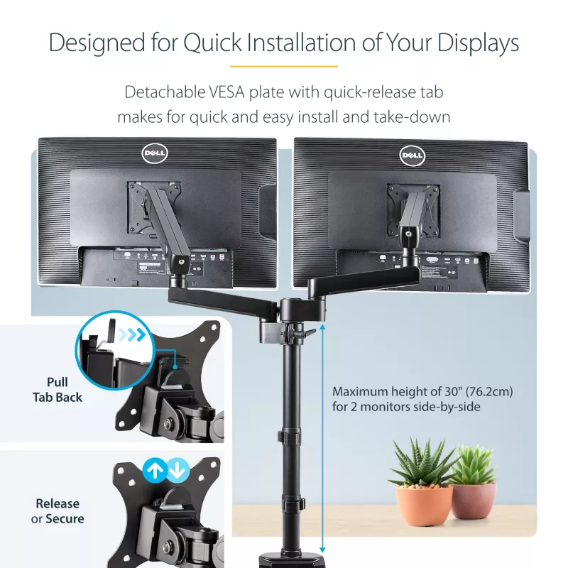 StarTech.com Desk Mount Dual Monitor Arm, Full Motion Monitor Mount for 2x VESA Displays up to 32 inch (17.6lb/8kg), Height Adjustable, Clamp/Grommet Mount, Mechanical Spring