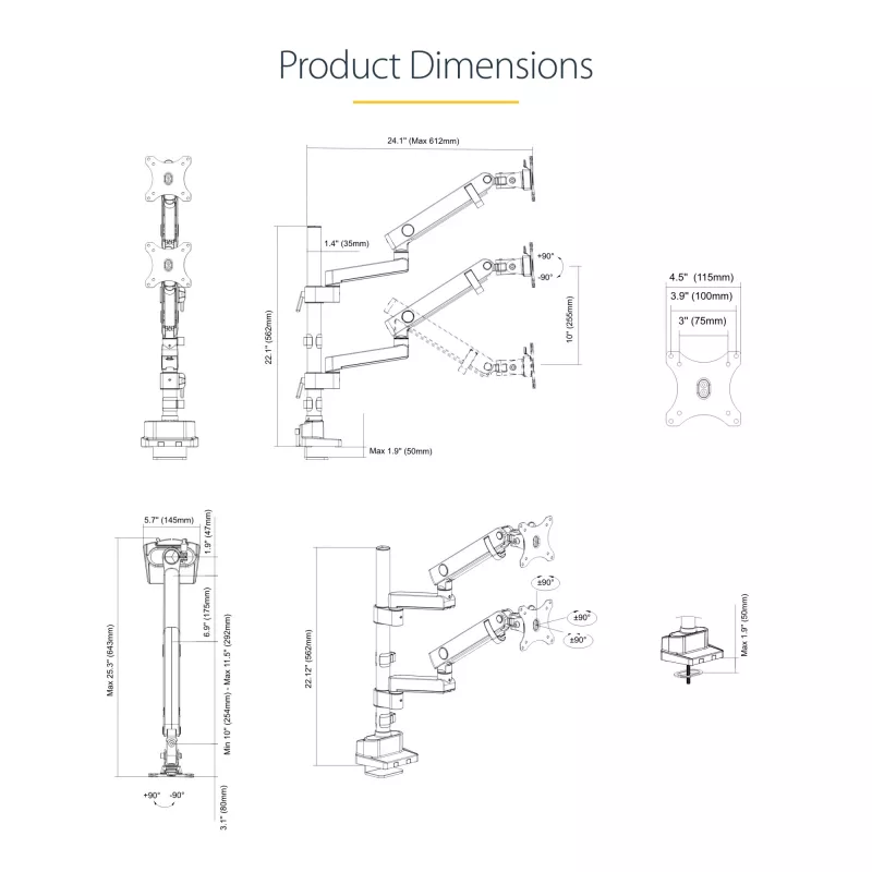 StarTech.com Desk Mount Dual Monitor Arm, Full Motion Monitor Mount for 2x VESA Displays up to 32 inch (17.6lb/8kg), Height Adjustable, Clamp/Grommet Mount, Mechanical Spring