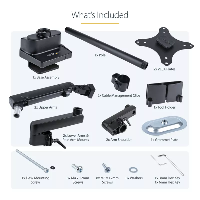 StarTech.com Desk Mount Dual Monitor Arm, Full Motion Monitor Mount for 2x VESA Displays up to 32 inch (17.6lb/8kg), Height Adjustable, Clamp/Grommet Mount, Mechanical Spring