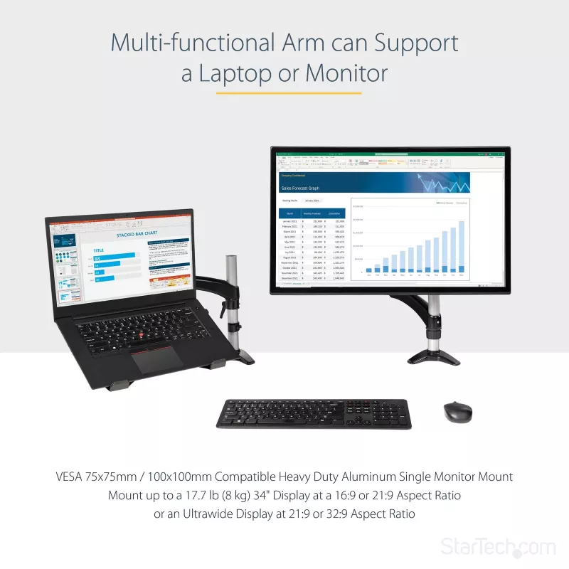 StarTech.com Desk Mount Laptop Arm - Full Motion Articulating Arm for Laptop or Single 34 inch Monitor - VESA Mount Laptop Tray Bracket - Ergonomic Adjustable Notebook Stand - Desk-Clamp