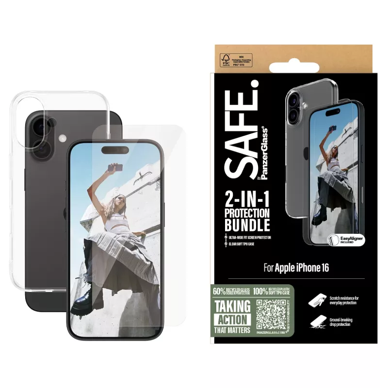 PanzerGlass SAFE. by ® 2-in-1 Protection Bundle iPhone 16, Apple, Apple - iPhone 16, Dry application, Scratch resistant, Shock resistant, Transparent, 1 pc(s)