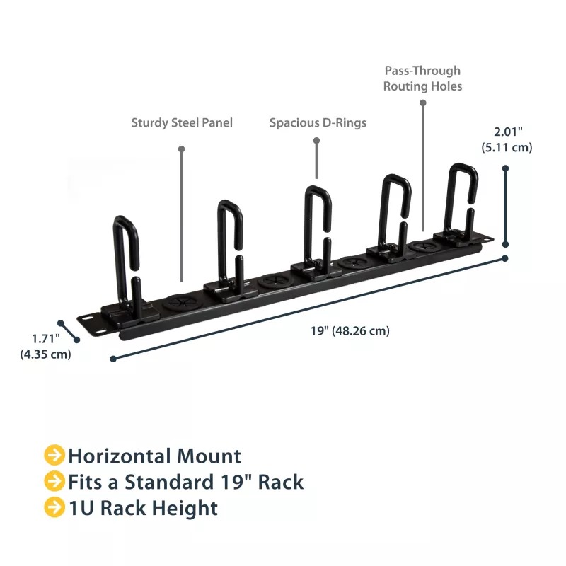 StarTech.com 1U 19 inch Cable Management Organizer - D Ring Hook Network/Server Rack Cord Manager - Data Center Horizontal Wire Panel with Passthrough Holes w/Mounting HW - EIA/ECA-310-E