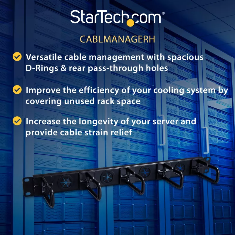 StarTech.com 1U 19 inch Cable Management Organizer - D Ring Hook Network/Server Rack Cord Manager - Data Center Horizontal Wire Panel with Passthrough Holes w/Mounting HW - EIA/ECA-310-E