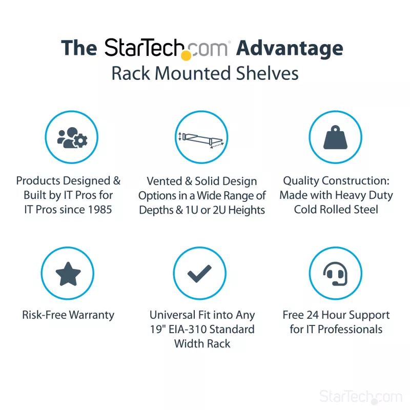 StarTech.com 2U Server Rack Shelf - Universal Rack Mount Cantilever Shelf for 19 inch Network Equipment Rack & Cabinet - Heavy Duty Steel – Weight Capacity 44lb/20kg - 16 inch Deep Tray, Black