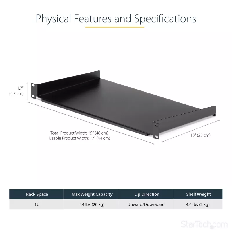 StarTech.com 1U Fixed Server Rack Mount Shelf - 10in Deep Steel Universal Cantilever Tray for 19 inch AV/ Network Equipment Rack - Heavy Duty Steel - Weight Capacity 44lbs/20kg, Black