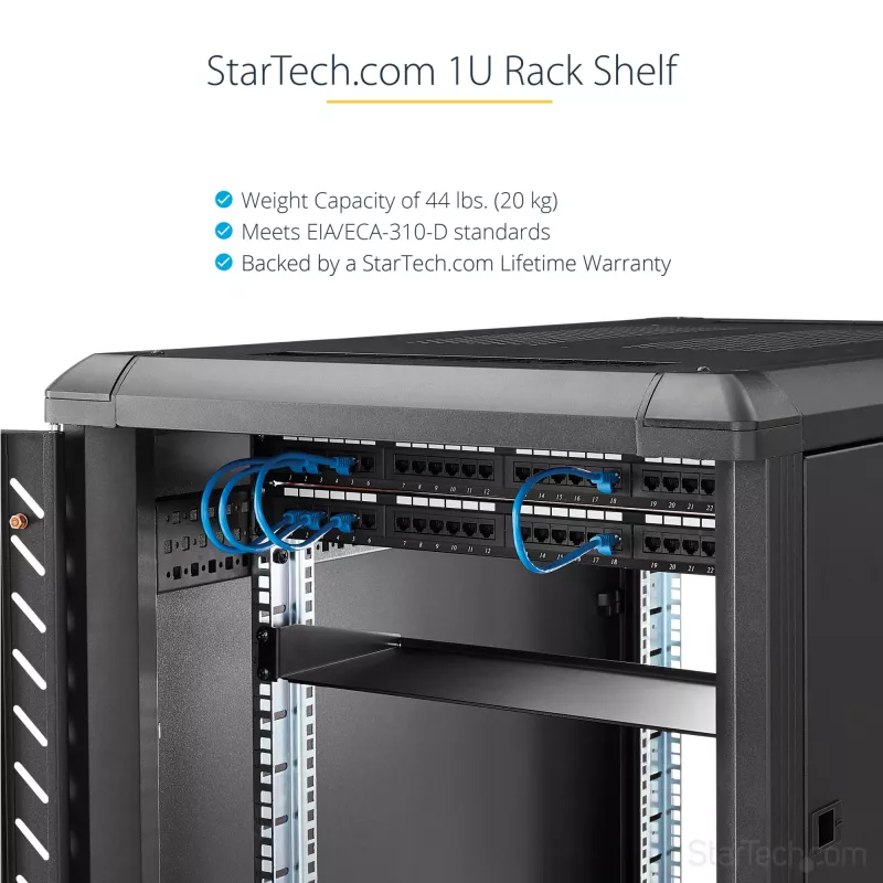 StarTech.com 1U Fixed Server Rack Mount Shelf - 10in Deep Steel Universal Cantilever Tray for 19 inch AV/ Network Equipment Rack - Heavy Duty Steel - Weight Capacity 44lbs/20kg, Black