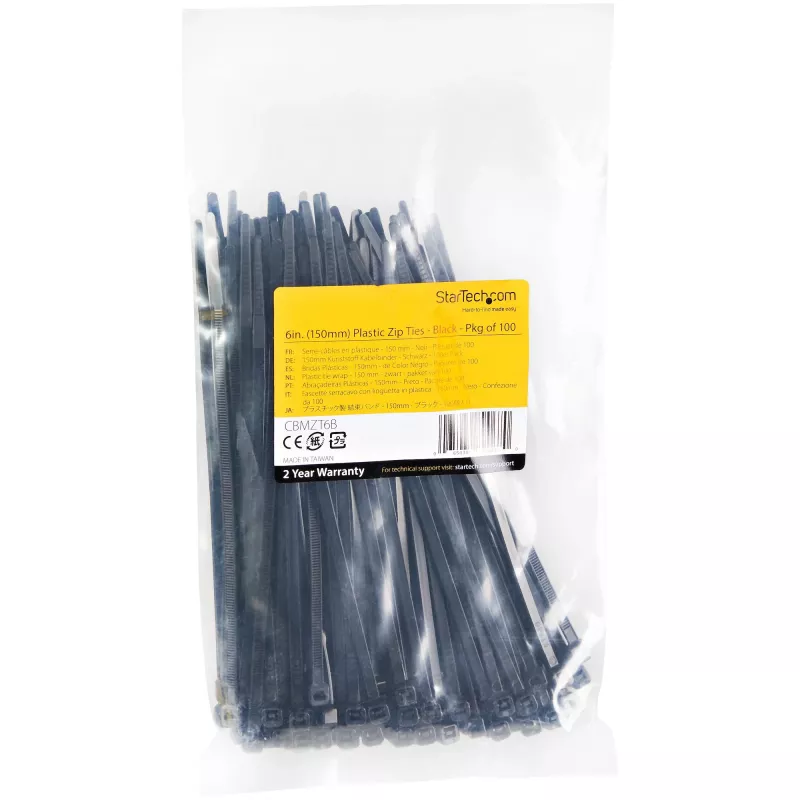 StarTech.com 100-Pack 6 inch(15cm) Cable Ties - 1/8 inch(3.6mm) wide, 1-3/8 inch(39mm) Bundle Diameter, 40lb(18kg) Tensile Strength, Nylon Self Locking Zip Ties with Curved Tip, UL Listed, Black - TAA