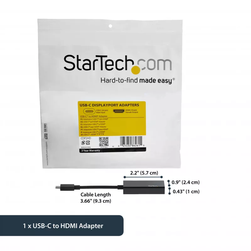 StarTech.com USB-C to HDMI Adapter with 4K 30Hz - Black, 3.2 Gen 2 (3.1 Gen 2), USB Type-C, HDMI output, 3840 x 2160 pixels