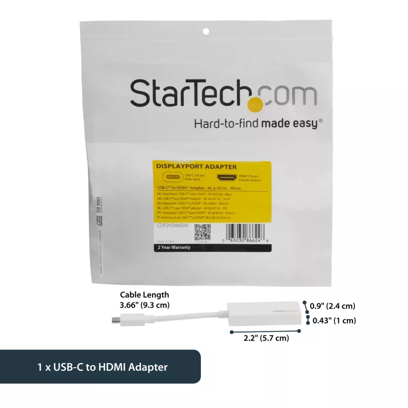 StarTech.com USB-C to HDMI Adapter - White - 4K 60Hz, USB Type-C, HDMI output, 3840 x 2160 pixels