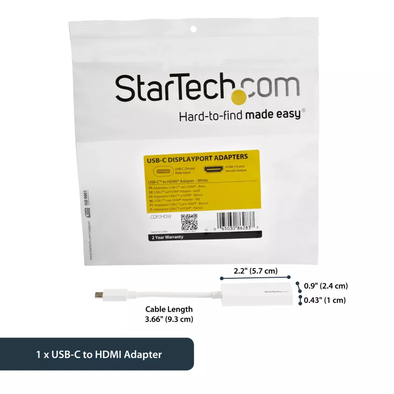 StarTech.com USB-C to HDMI Adapter with 4K 30Hz - White, USB Type-C, HDMI output, 3840 x 2160 pixels