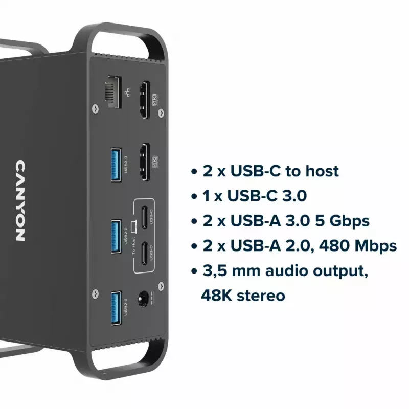 Docking station CANYON CNS-HDS95ST — USB-C (USB 3.2 Gen 2) docking with 2× HDMI, 2× USB 3.2 Gen1, 2× USB 2.0, Gigabit Ethernet, 100W, aluminium, black