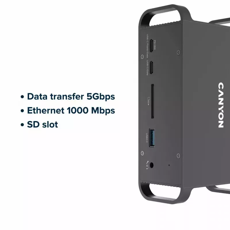 Docking station CANYON CNS-HDS95ST — USB-C (USB 3.2 Gen 2) docking with 2× HDMI, 2× USB 3.2 Gen1, 2× USB 2.0, Gigabit Ethernet, 100W, aluminium, black