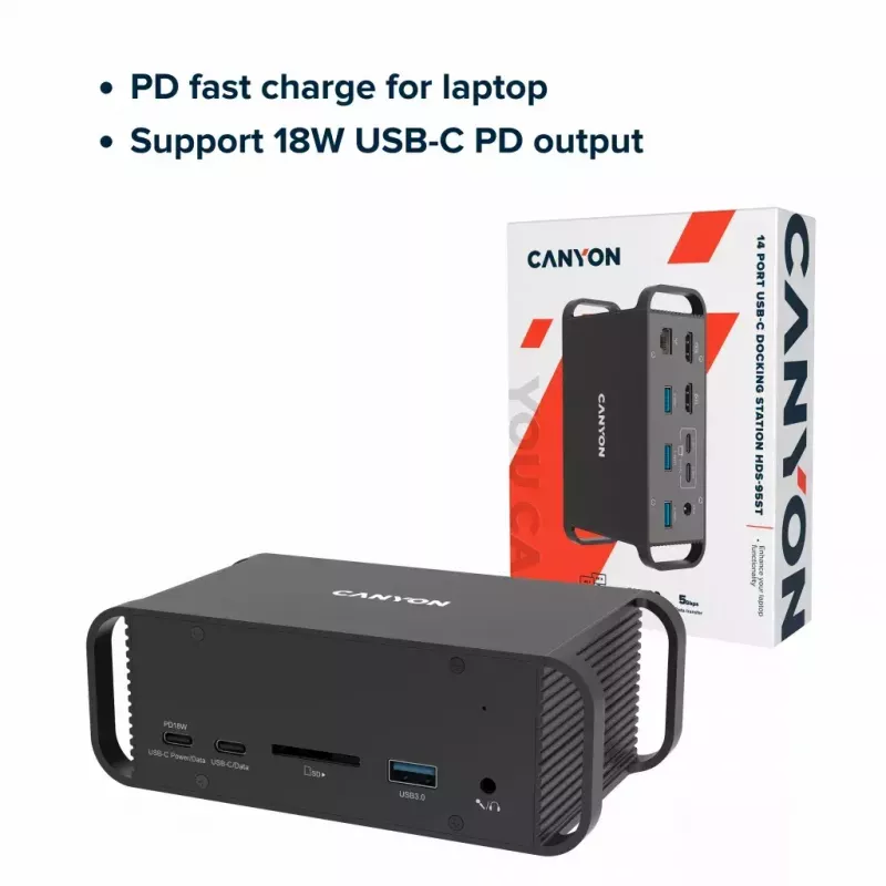 Docking station CANYON CNS-HDS95ST — USB-C (USB 3.2 Gen 2) docking with 2× HDMI, 2× USB 3.2 Gen1, 2× USB 2.0, Gigabit Ethernet, 100W, aluminium, black