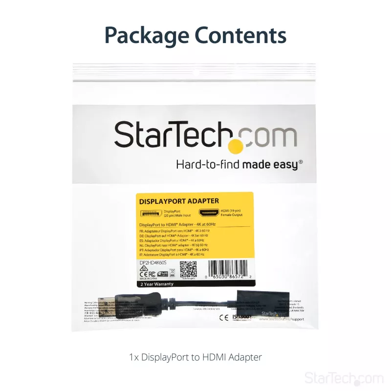 StarTech.com DisplayPort to HDMI Adapter - 4K 60Hz Active DP 1.4 to HDMI 2.0 Video Converter - DP to HDMI Monitor/TV/Display Cable Adapter Dongle - Latching DP Connector