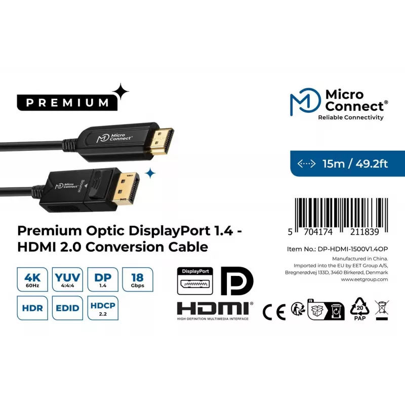 Microconnect DP-HDMI-1500V1.4OP video cable adapter 15 m DisplayPort Black