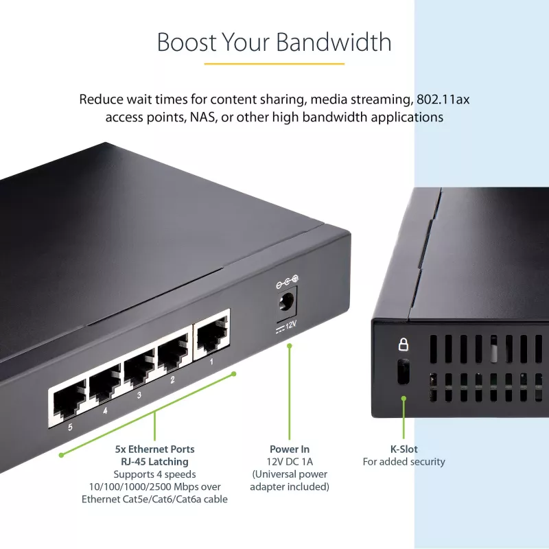StarTech.com Unmanaged 2.5G Switch - 5 Port Gigabit Switch - 2.5GBASE-T Unmanaged Ethernet Switch - Ethernet Splitter - Din Rail or Wall Mount - Multi-Gigabit - Auto-MDIX - 9K Jumbo