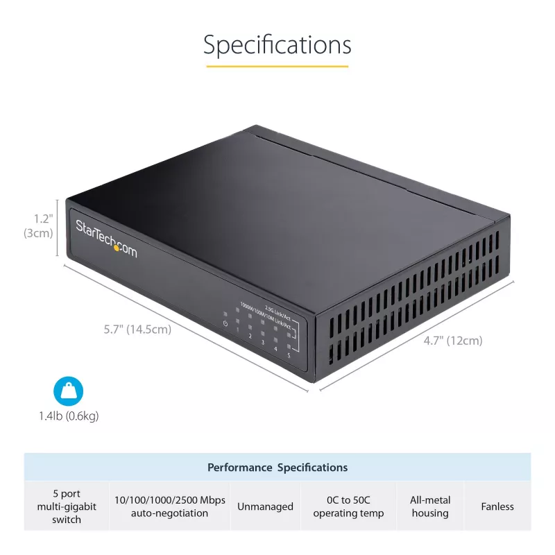 StarTech.com Unmanaged 2.5G Switch - 5 Port Gigabit Switch - 2.5GBASE-T Unmanaged Ethernet Switch - Ethernet Splitter - Din Rail or Wall Mount - Multi-Gigabit - Auto-MDIX - 9K Jumbo