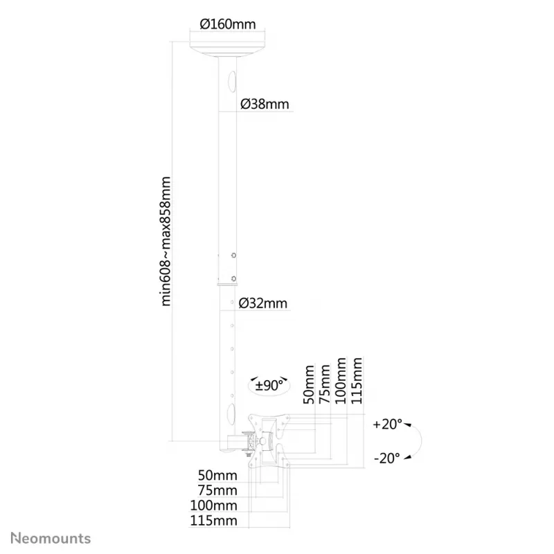 Neomounts FPMA-C050SILVER Monitor/TV mount ceiling 10-30 inch - h 60-85 cm