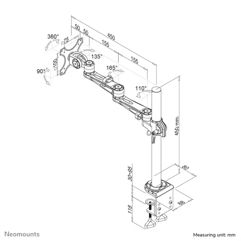 Neomounts FPMA-D935 Monitor arm 10-30 inch, Clamp, 10 kg, 25.4 cm (10 inch), 76.2 cm (30 inch), 100 x 100 mm, Silver
