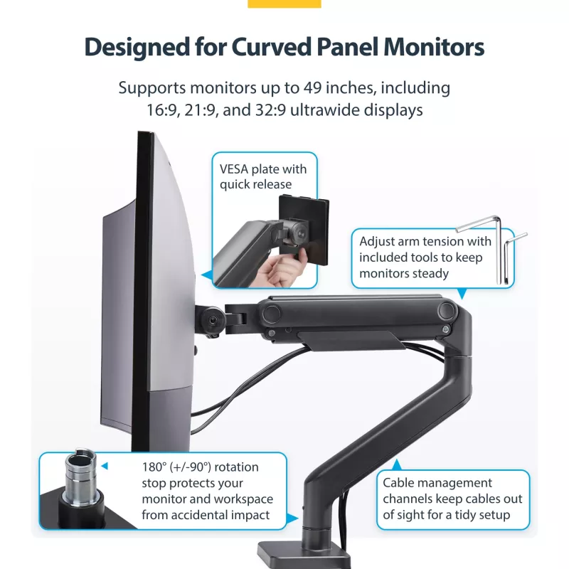 StarTech.com Monitor Desk Mount for up to 49in 32:9 Ultrawide Curved Screens, Mechanical Spring Arm, C-Clamp/Grommet, Tool-Less Adjustment, Max 44lb/20kg